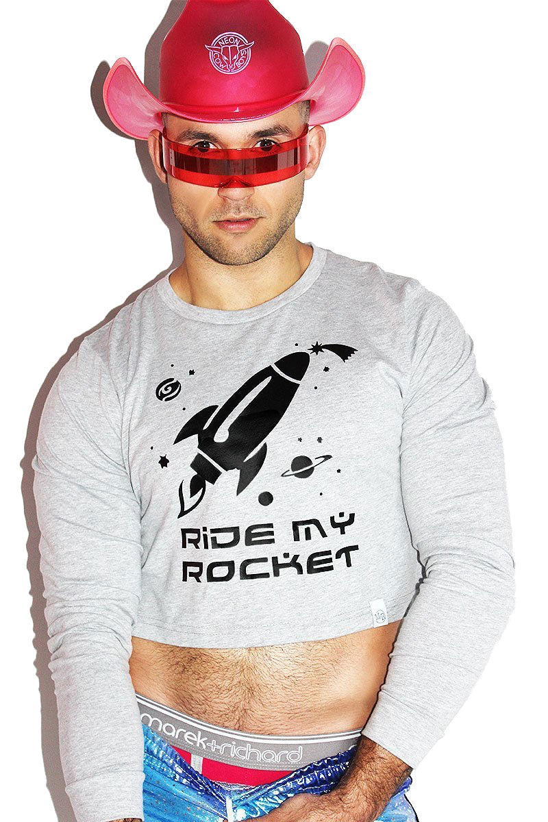 Ride My Rocket Long Sleeve Crop Tee-Grey