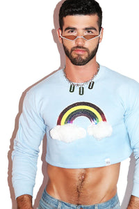 Rainbow Pom Pom Long Sleeve Crop Sweatshirt- Sky Blue