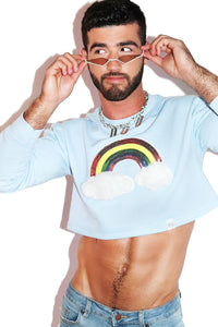 Rainbow Pom Pom Long Sleeve Crop Sweatshirt- Sky Blue