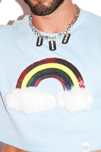 Rainbow Pom Pom Long Sleeve Crop Sweatshirt- Sky Blue
