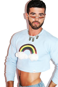 Rainbow Pom Pom Long Sleeve Crop Sweatshirt- Sky Blue