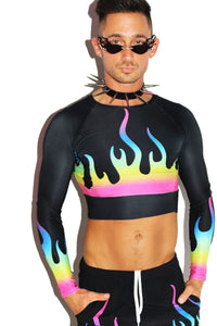 Prism Flames All Over Fitted Long Sleeve Crop Tee- Black