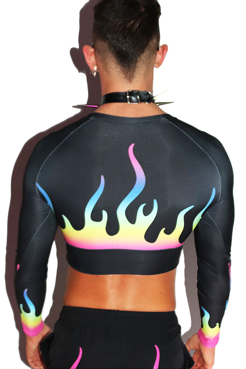 Prism Flames All Over Fitted Long Sleeve Crop Tee- Black