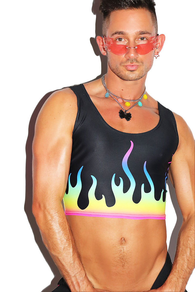 Prism Flames All Over Print Fitted Crop Tank- Black