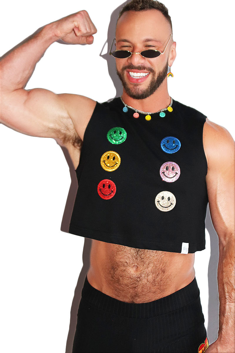 Happy Face Spectrum Patches Crop Tank- Black