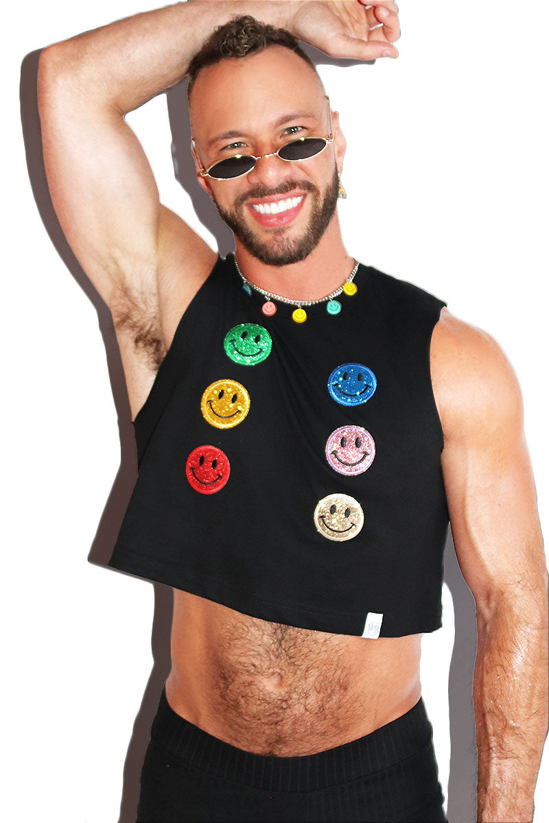 Happy Face Spectrum Patches Crop Tank- Black