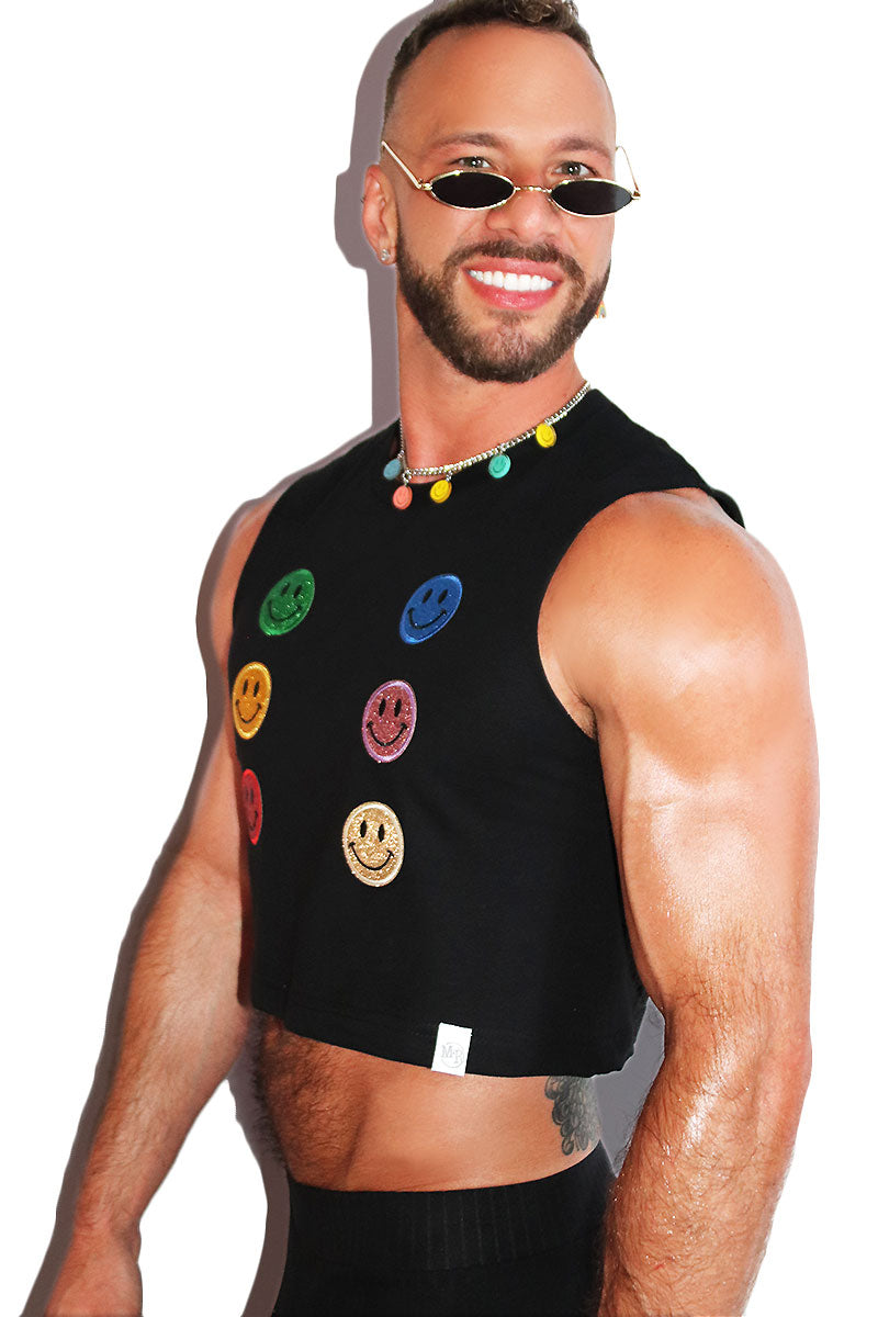 Happy Face Spectrum Patches Crop Tank- Black