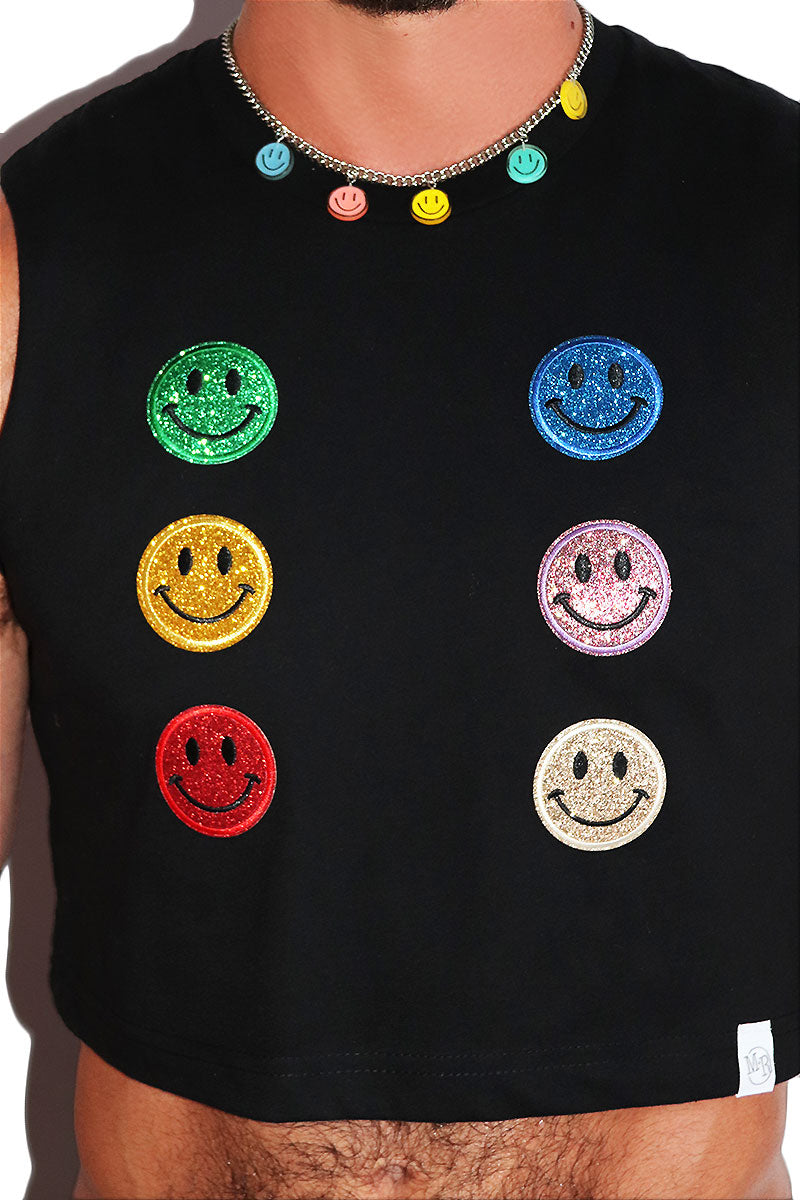 Happy Face Spectrum Patches Crop Tank- Black