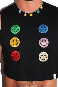 Happy Face Spectrum Patches Crop Tank- Black