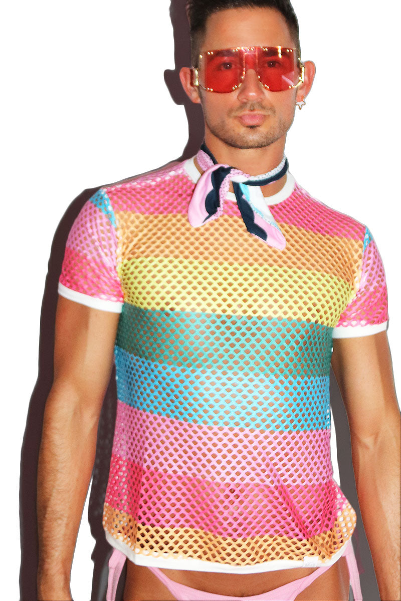 Rainbow Mesh Fitted Tee- Multi