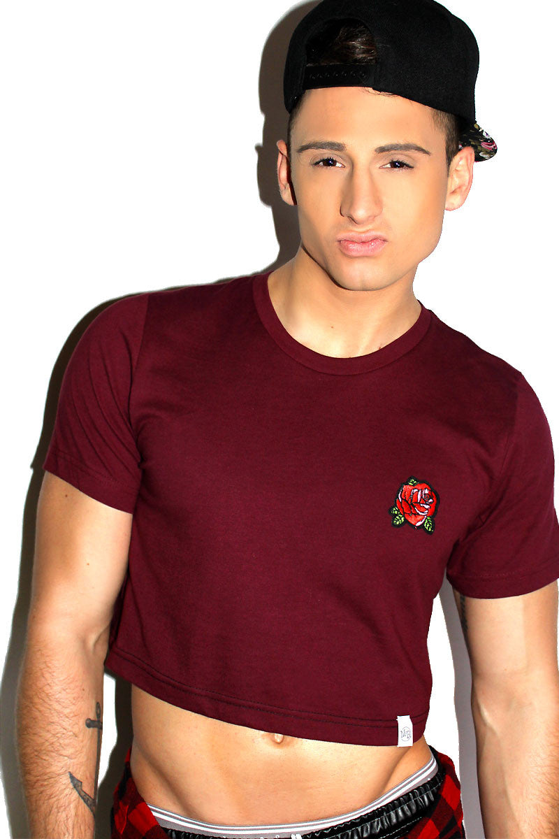 Rose Patch Crop Tee-Burgundy