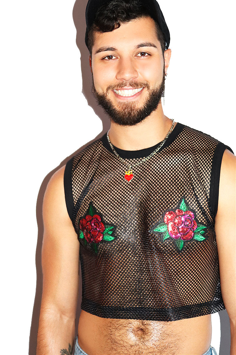 Thorny Rose Pasties Mesh Crop Tank- Black