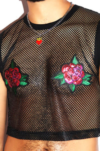Thorny Rose Pasties Mesh Crop Tank- Black