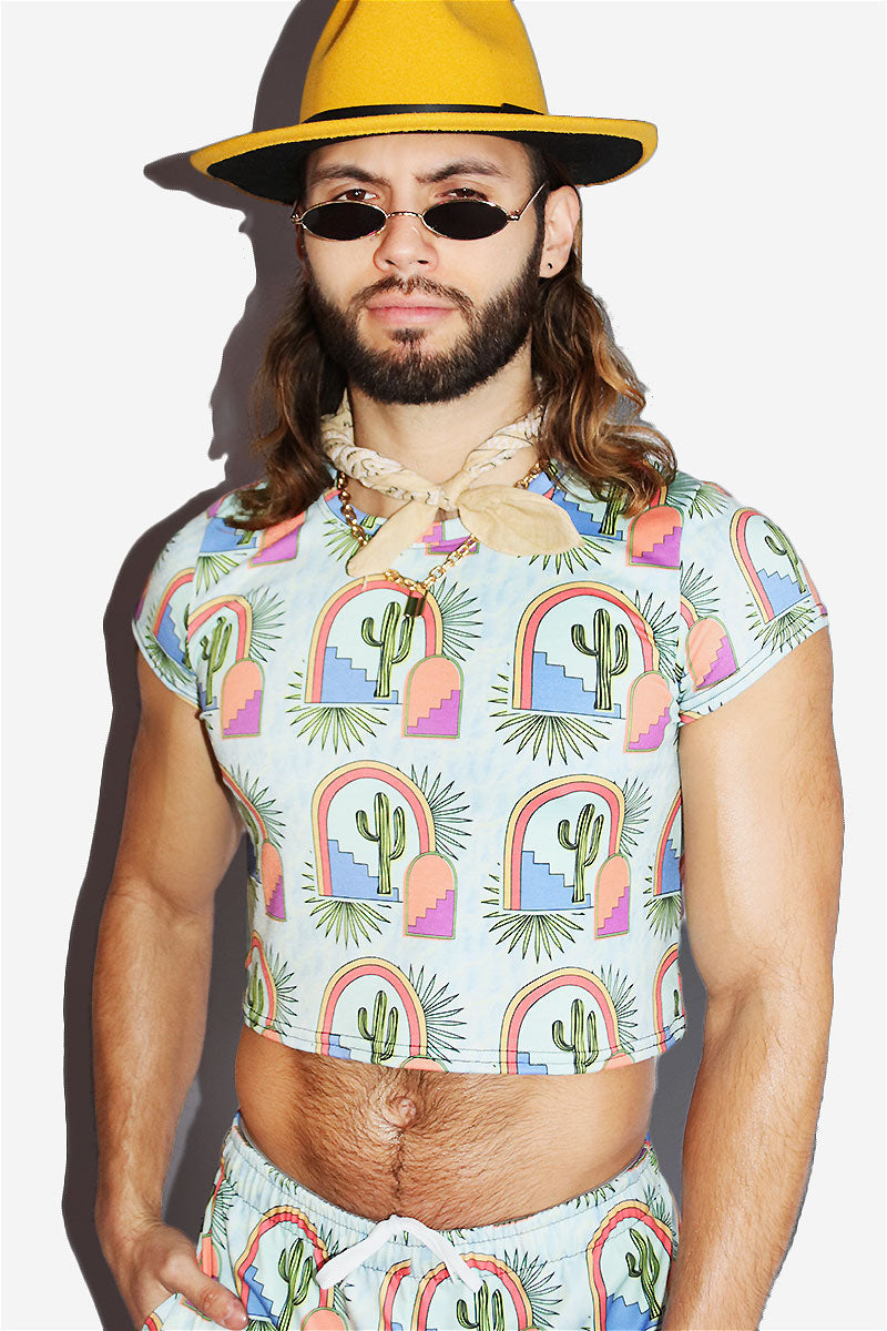 Marfa All Over Print Fitted Crop Tee- Sky Blue