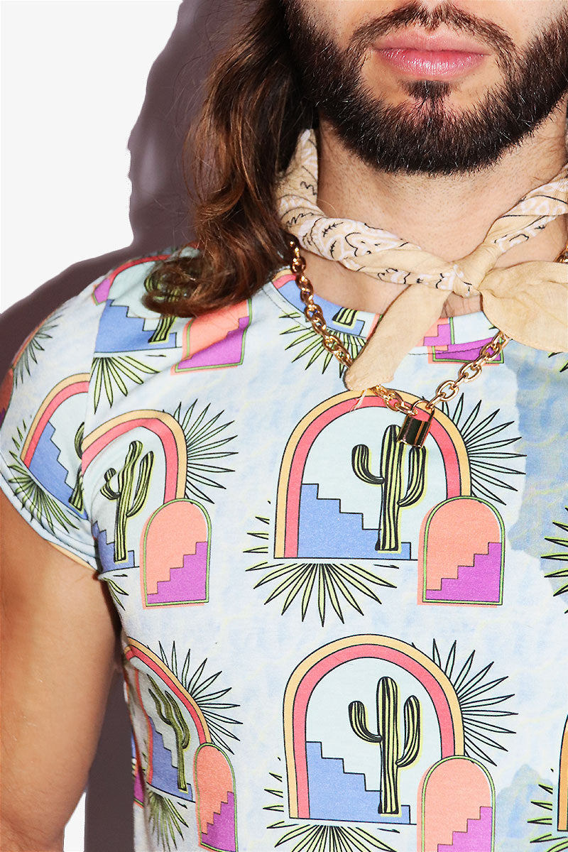 Marfa All Over Print Fitted Crop Tee- Sky Blue