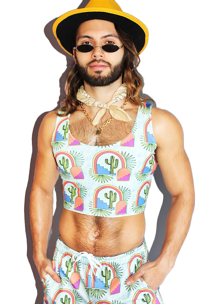 Marfa All Over Print Fitted Crop Tank- Sky Blue