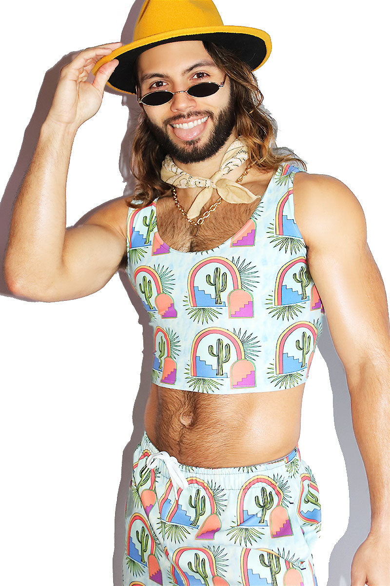 Marfa All Over Print Fitted Crop Tank- Sky Blue