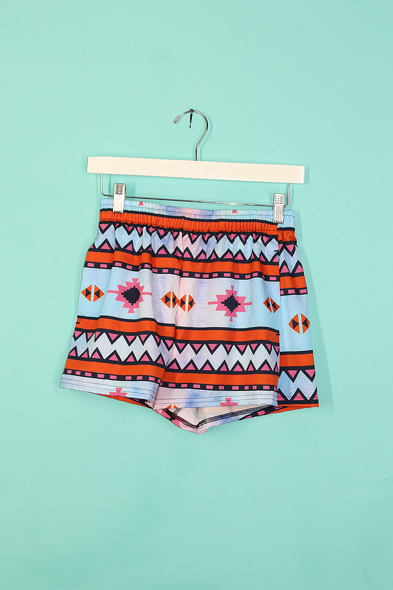 Sample#00194-Southwestern Tribal All Over Print Blue Shorts- S