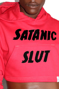 Satanic Slut Long Sleeve Crop Hoodie-Red