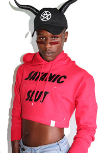 Satanic Slut Long Sleeve Crop Hoodie-Red