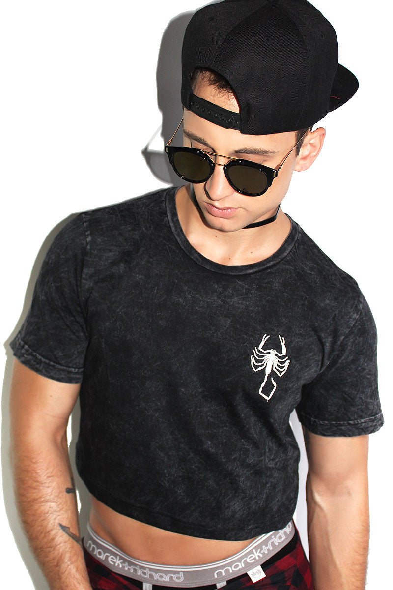 Scorpion Patch Acid Wash Crop Tee-Black