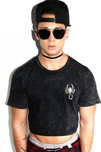 Scorpion Patch Acid Wash Crop Tee-Black