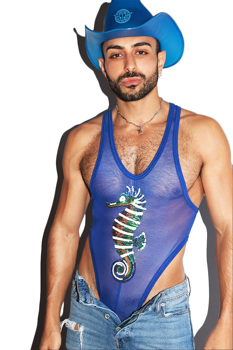 Sea Horse Mesh Thong Bodysuit- Royal Blue