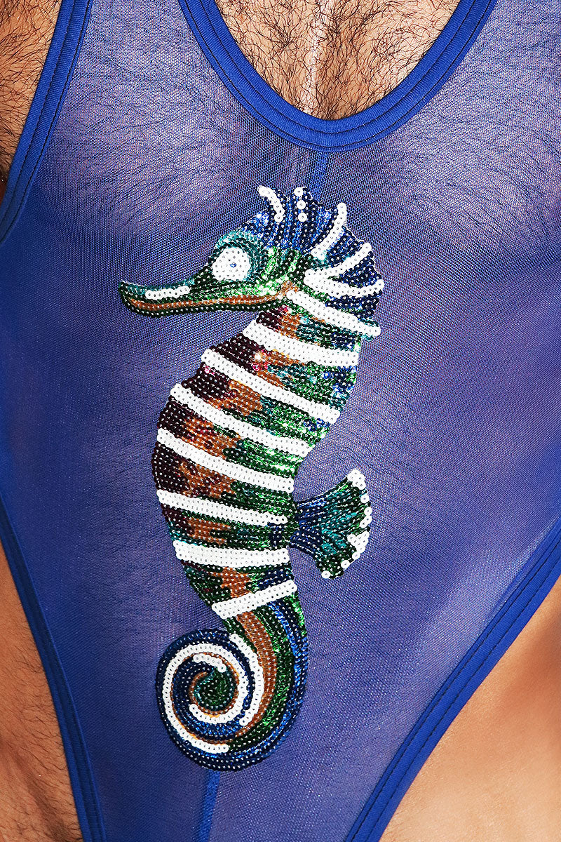 Sea Horse Mesh Thong Bodysuit- Royal Blue