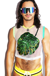 Monstera Leaf Mesh Crop Tank- White