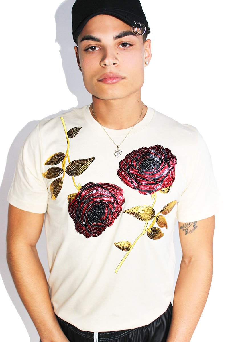 Sequin Roses Tee-Cream