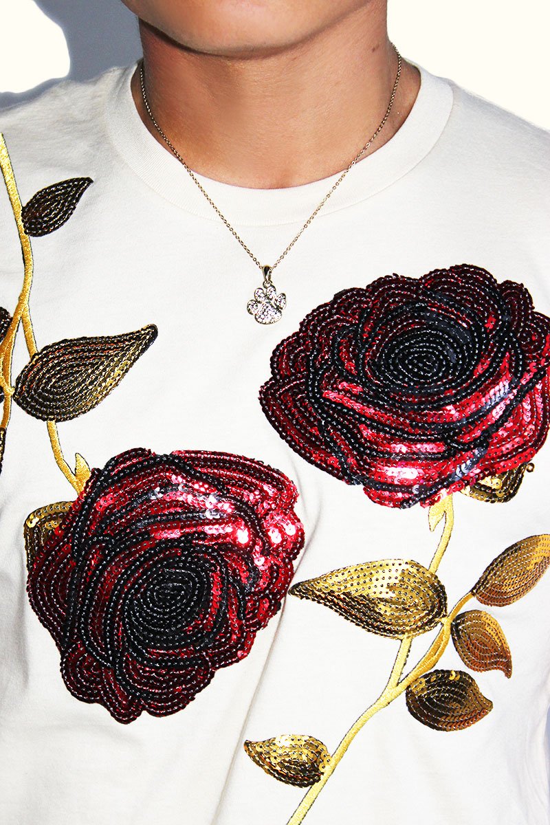 Sequin Roses Tee-Cream