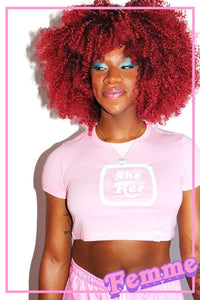 She / Her Pronouns Fitted Crop Tee-Pink