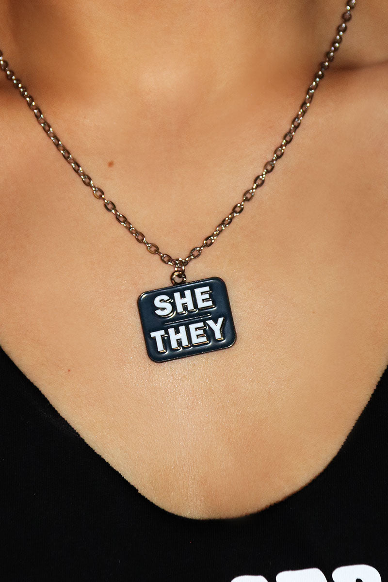 She / They Dog Tag Necklace -Silver