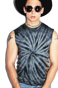 Shredded Oblique Tie Dye Sleeveless Tee-Black