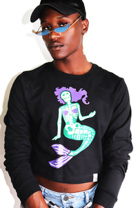 Undead Mermaid Long Sleeve Crop Tee-Black