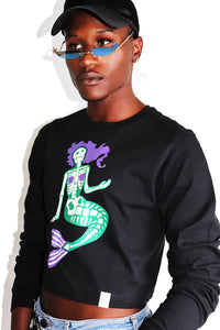 Undead Mermaid Long Sleeve Crop Tee-Black