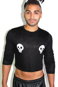 Skull Pasties Long Sleeve Crop Tee-Black