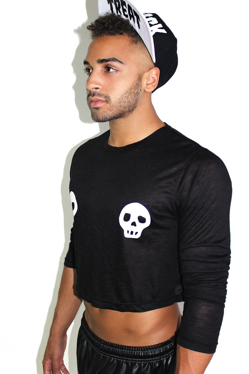 Skull Pasties Long Sleeve Crop Tee-Black