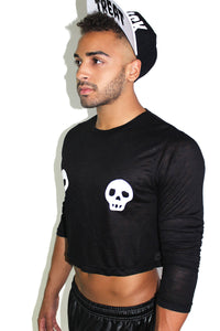 Skull Pasties Long Sleeve Crop Tee-Black
