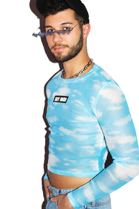 Sky High Mesh Long Sleeve Crop Tee- Sky Blue