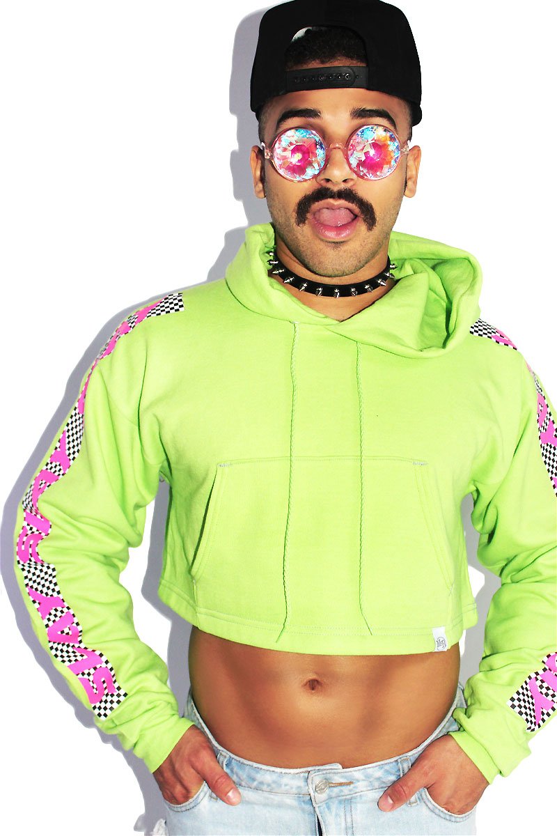Slay Checkerboard Crop Long Sleeve Hoodie-Neon Green