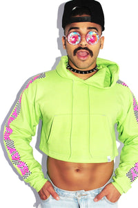 Slay Checkerboard Crop Long Sleeve Hoodie-Neon Green