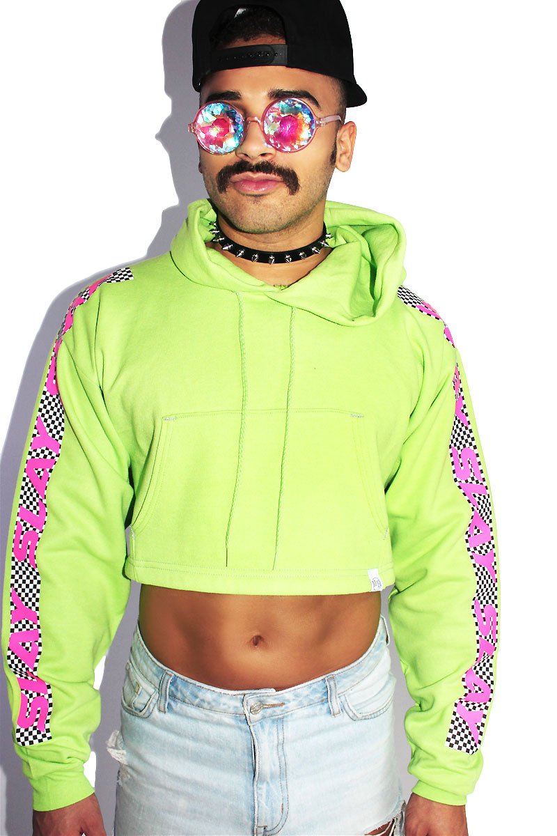 Slay Checkerboard Crop Long Sleeve Hoodie-Neon Green