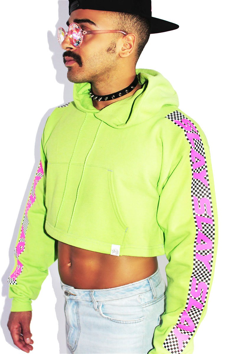 Slay Checkerboard Crop Long Sleeve Hoodie-Neon Green