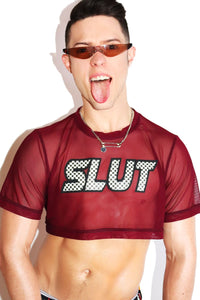 Slut Mesh Extreme Crop Tee- Burgundy