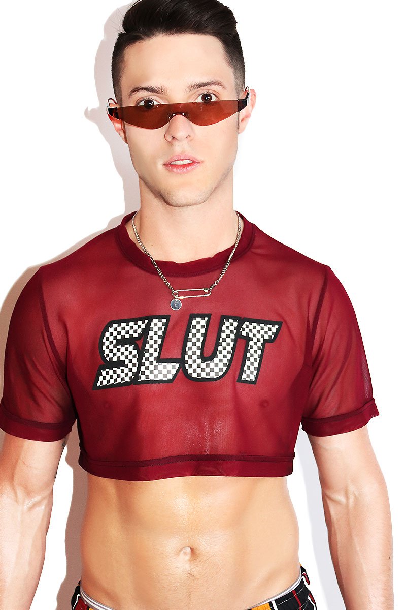 Slut Mesh Extreme Crop Tee- Burgundy