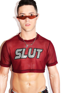 Slut Mesh Extreme Crop Tee- Burgundy