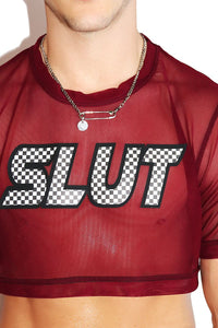 Slut Mesh Extreme Crop Tee- Burgundy