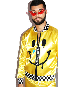 Smiley Satin Bomber Jacket- Yellow