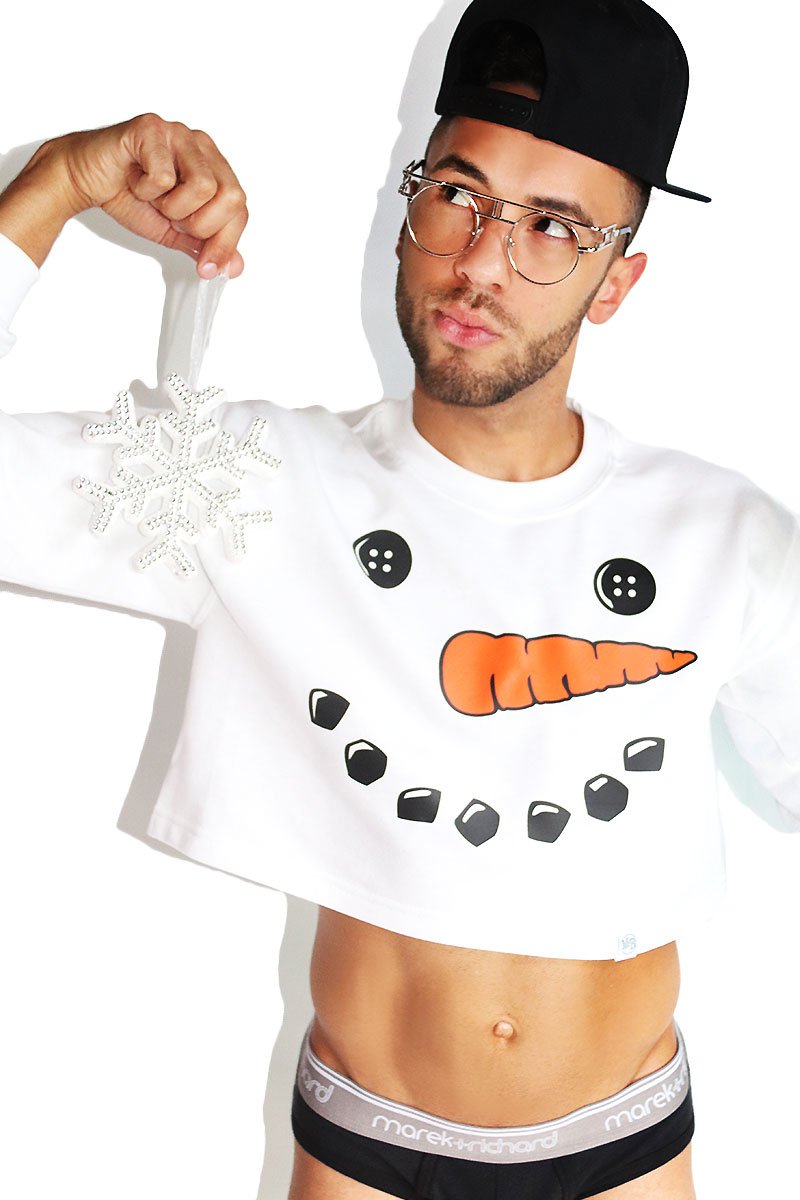 Snowman Long Sleeve Crop Sweatshirt- White